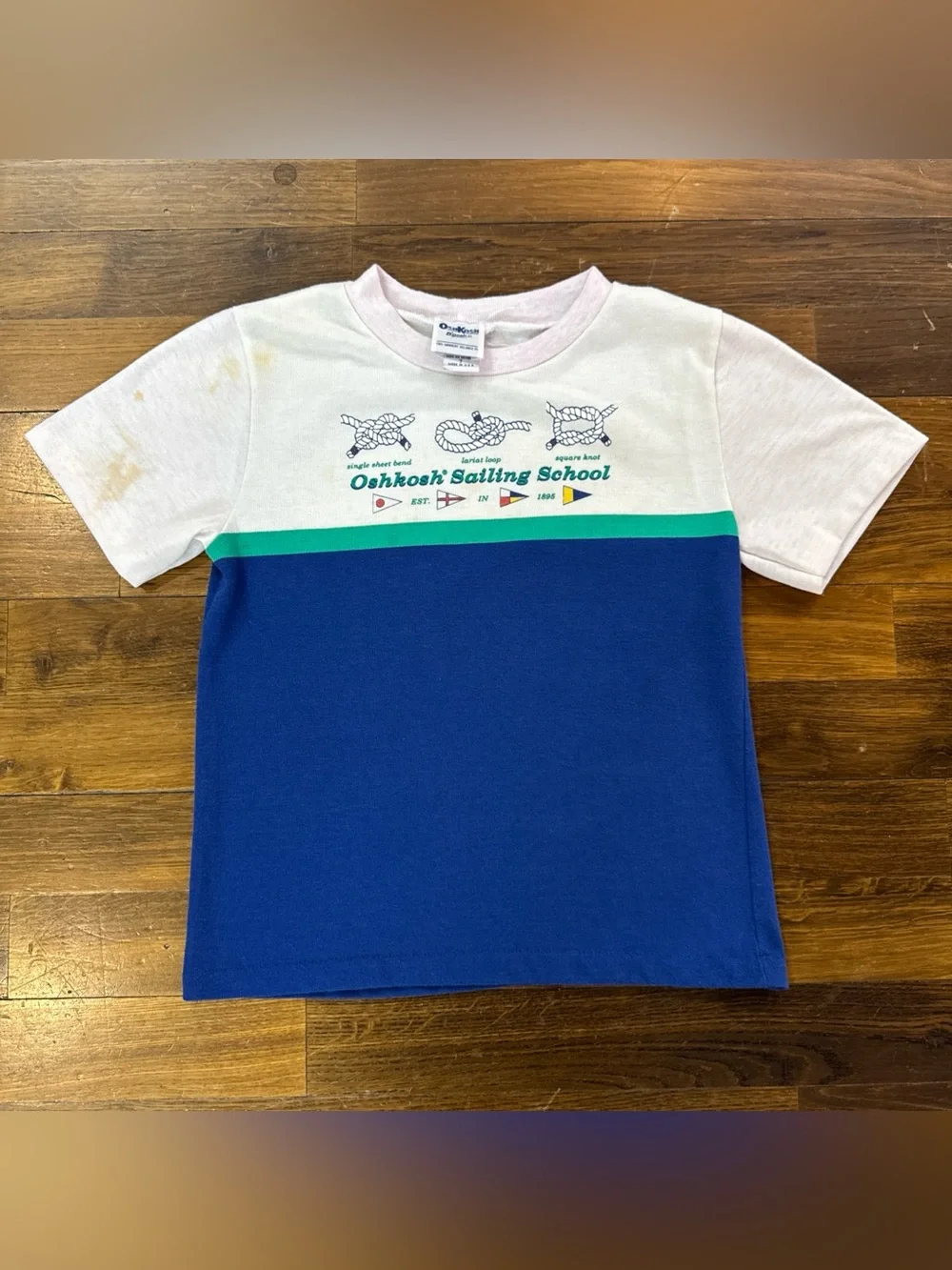 VTG 1991 OshKosh Bgosh Boys Size 7 Sailing School T Shirt 50/50 Colorblock USA